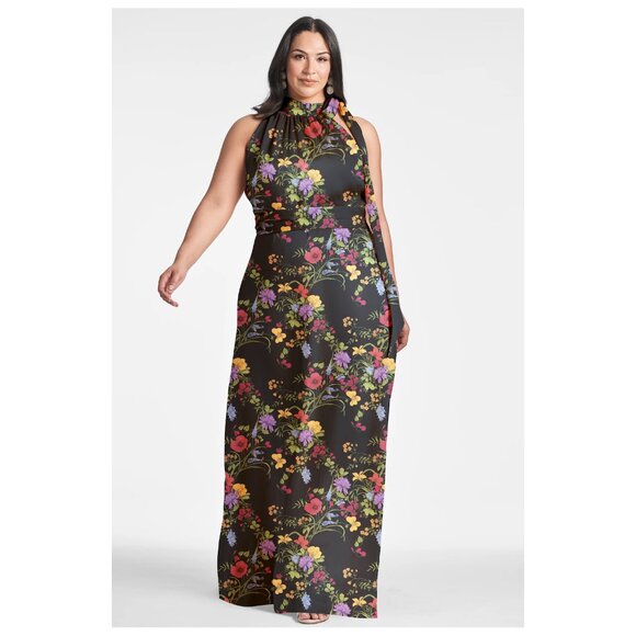 Sachin & Babi | Chiffon Halter Neck Kayla Gown in Noir Wildflower | NWT - Picture 3 of 10